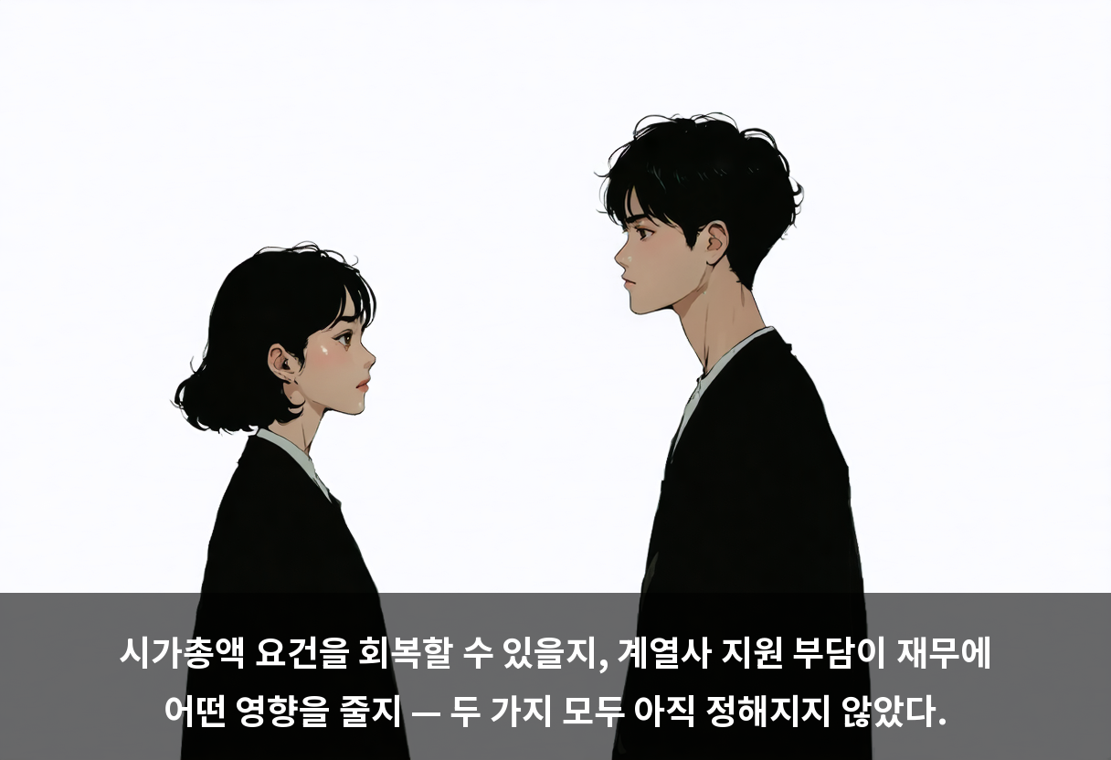 시가총액 요건을 회복할 수 있을지, 계열사 지원 부담이 재무에 어떤 영향을 줄지 — 두 가지 모두 아직 정해지지 않았다.
