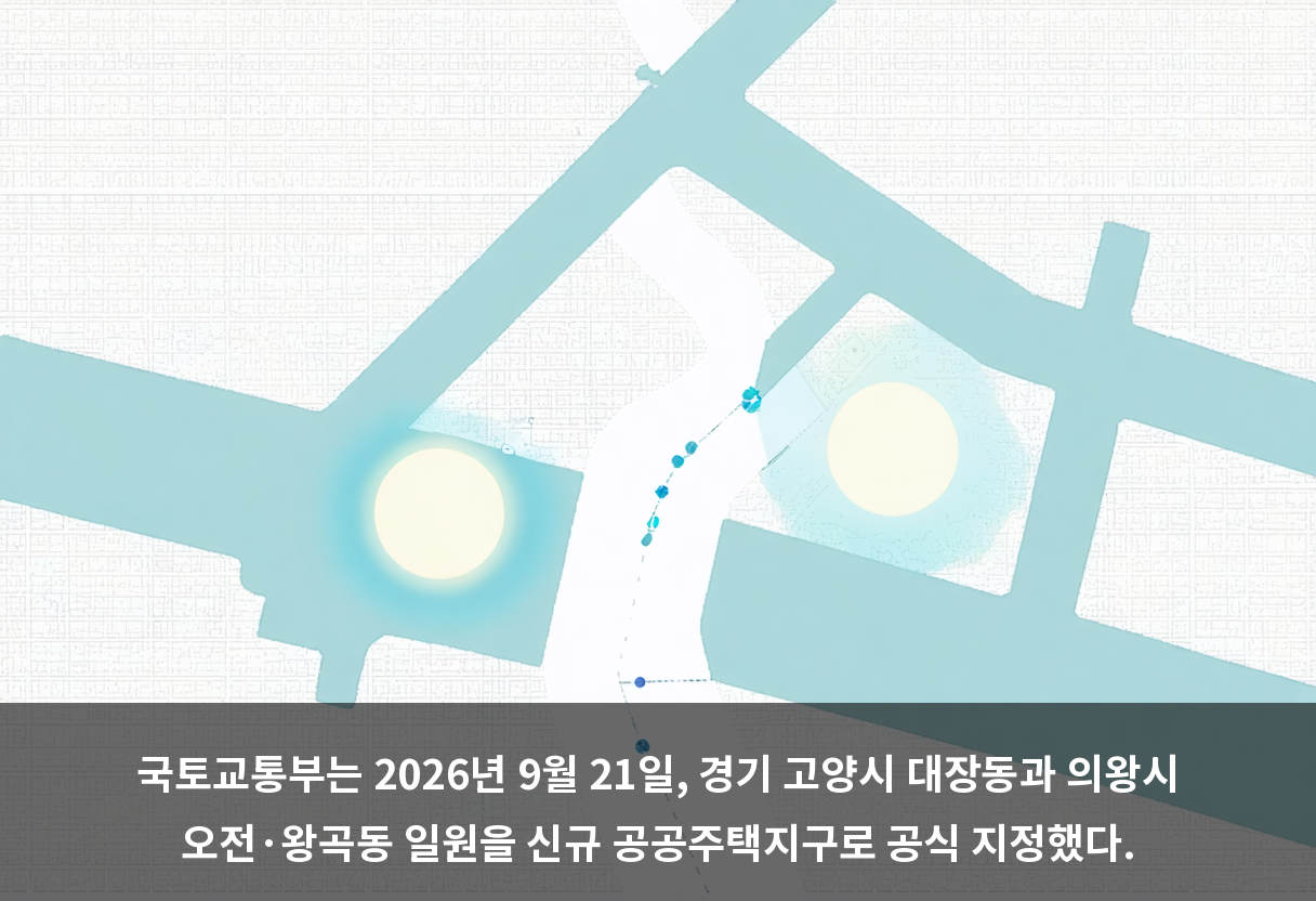 국토교통부는 2026년 9월 21일, 경기 고양시 대장동과 의왕시 오전·왕곡동 일원을 신규 공공주택지구로 공식 지정했다.