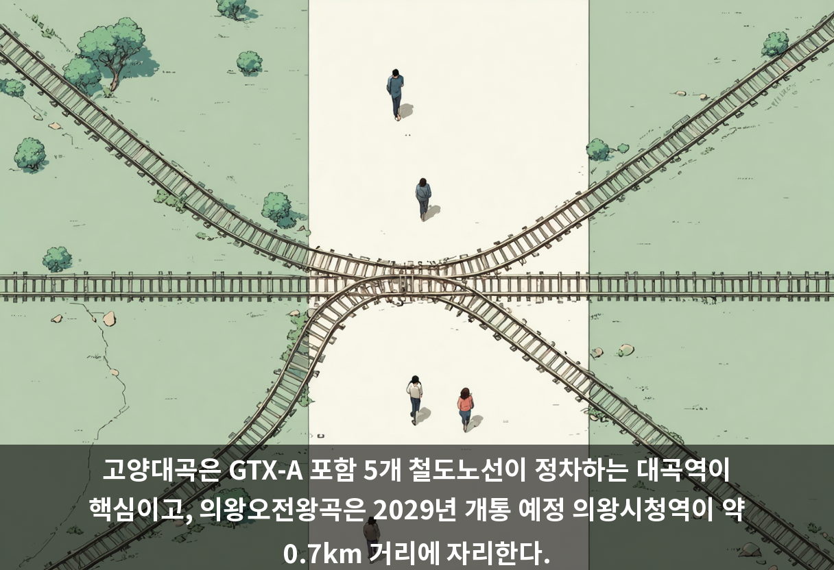 고양대곡은 GTX-A 포함 5개 철도노선이 정차하는 대곡역이 핵심이고, 의왕오전왕곡은 2029년 개통 예정 의왕시청역이 약 0.7km 거리에 자리한다.