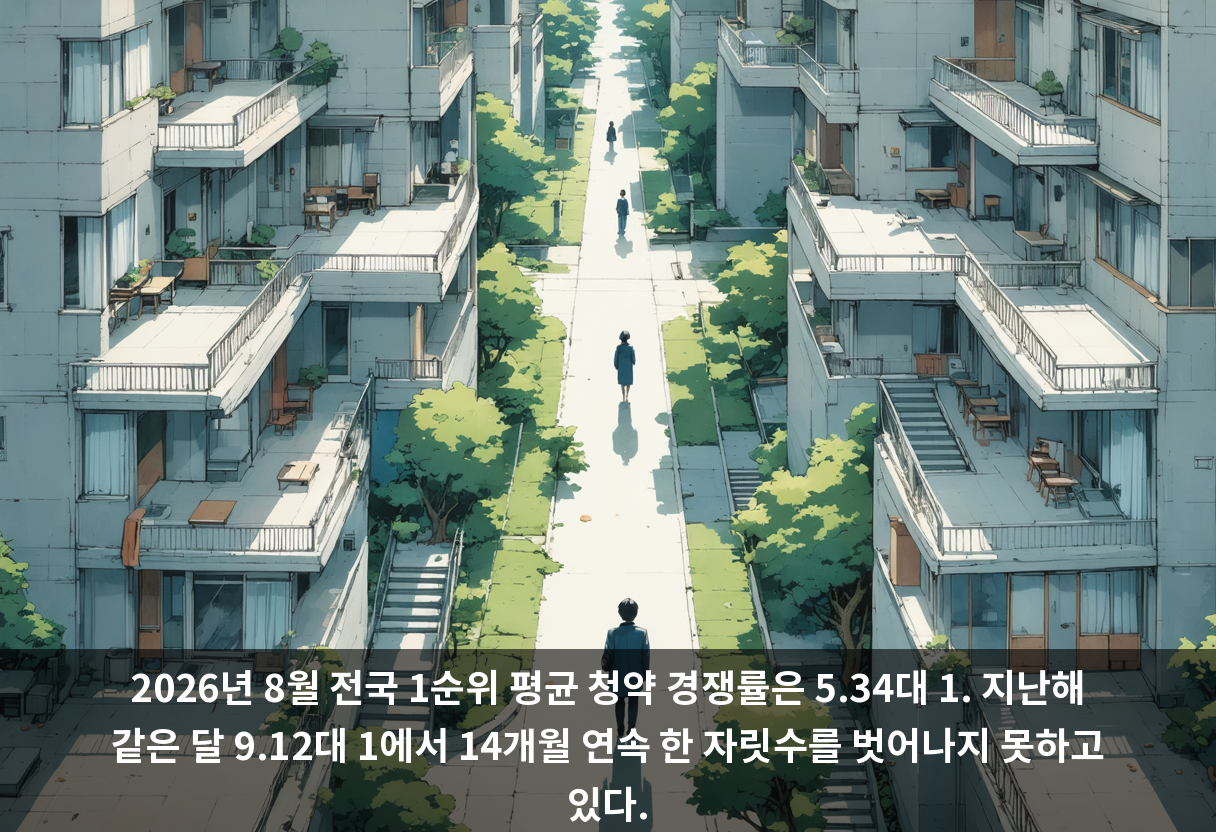 2026년 8월 전국 1순위 평균 청약 경쟁률은 5.34대 1. 지난해 같은 달 9.12대 1에서 14개월 연속 한 자릿수를 벗어나지 못하고 있다.