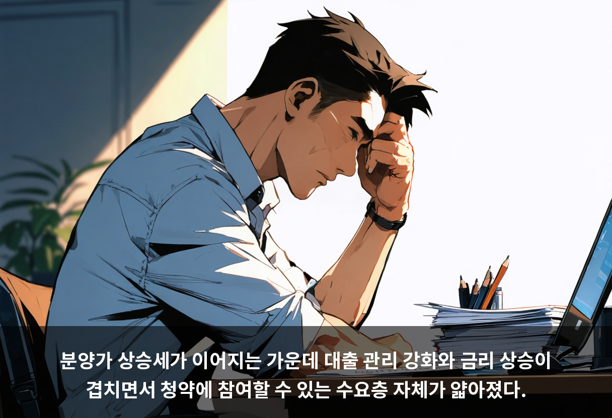 분양가 상승세가 이어지는 가운데 대출 관리 강화와 금리 상승이 겹치면서 청약에 참여할 수 있는 수요층 자체가 얇아졌다.