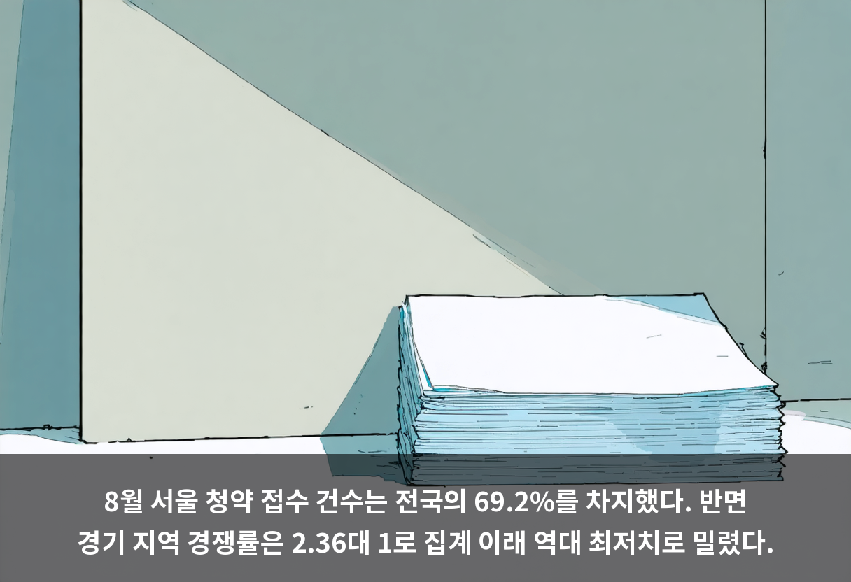 8월 서울 청약 접수 건수는 전국의 69.2%를 차지했다. 반면 경기 지역 경쟁률은 2.36대 1로 집계 이래 역대 최저치로 밀렸다.