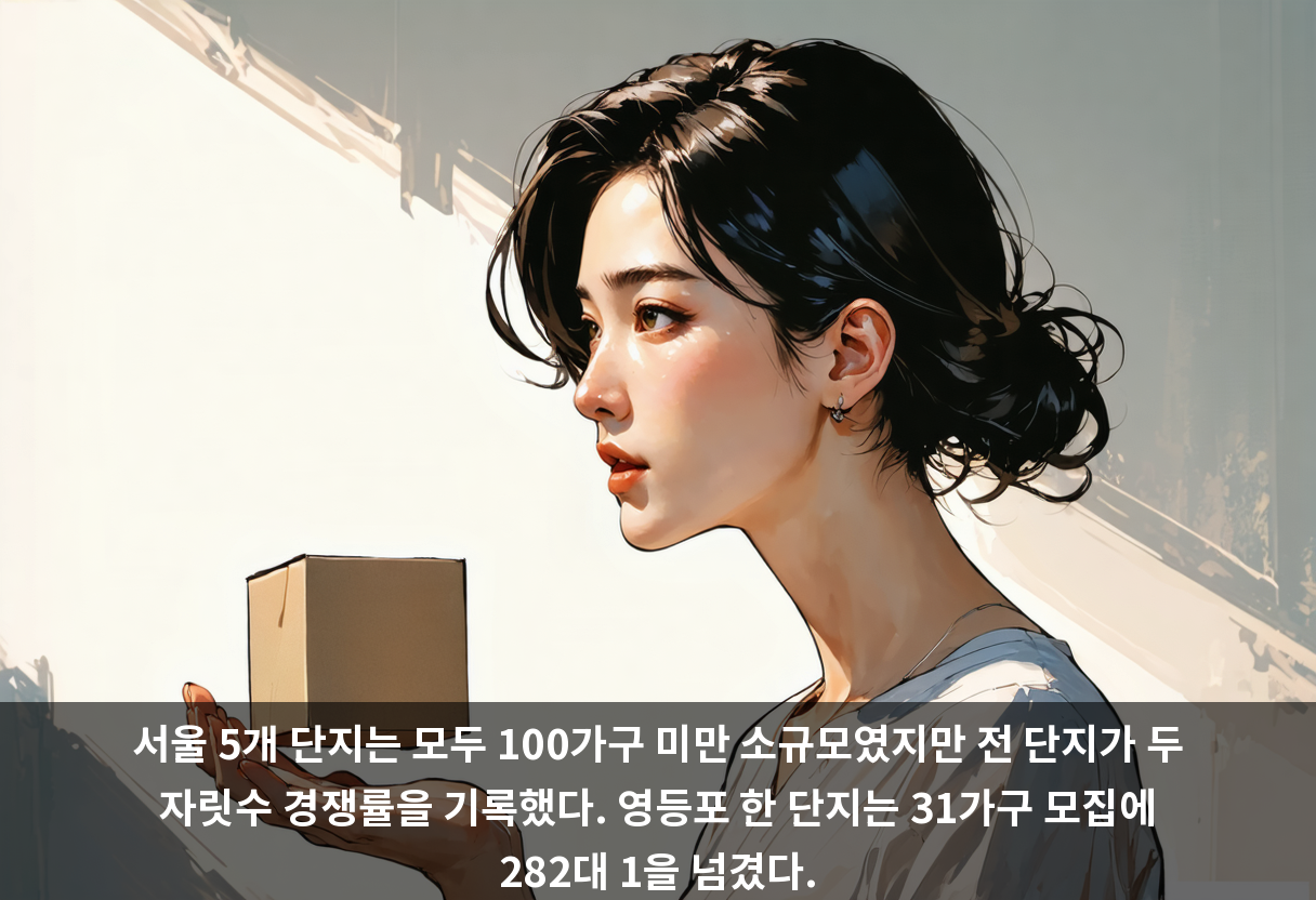 서울 5개 단지는 모두 100가구 미만 소규모였지만 전 단지가 두 자릿수 경쟁률을 기록했다. 영등포 한 단지는 31가구 모집에 282대 1을 넘겼다.