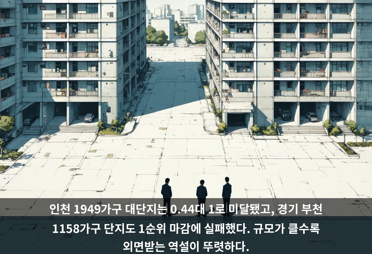 인천 1949가구 대단지는 0.44대 1로 미달됐고, 경기 부천 1158가구 단지도 1순위 마감에 실패했다. 규모가 클수록 외면받는 역설이 뚜렷하다.