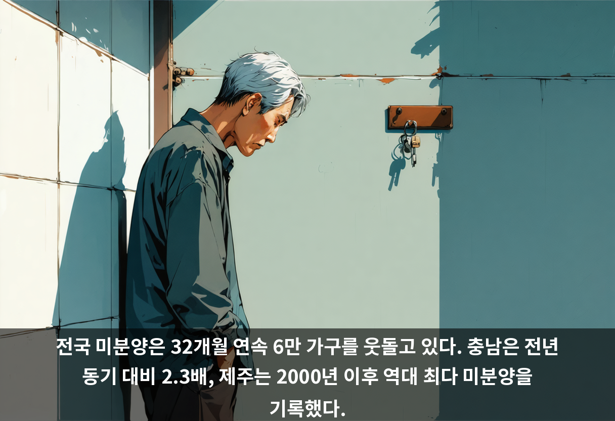 전국 미분양은 32개월 연속 6만 가구를 웃돌고 있다. 충남은 전년 동기 대비 2.3배, 제주는 2000년 이후 역대 최다 미분양을 기록했다.