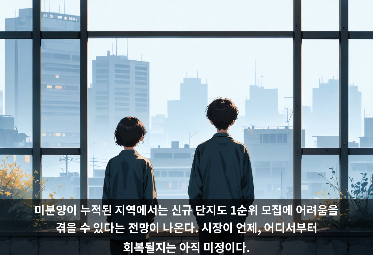 미분양이 누적된 지역에서는 신규 단지도 1순위 모집에 어려움을 겪을 수 있다는 전망이 나온다. 시장이 언제, 어디서부터 회복될지는 아직 미정이다.