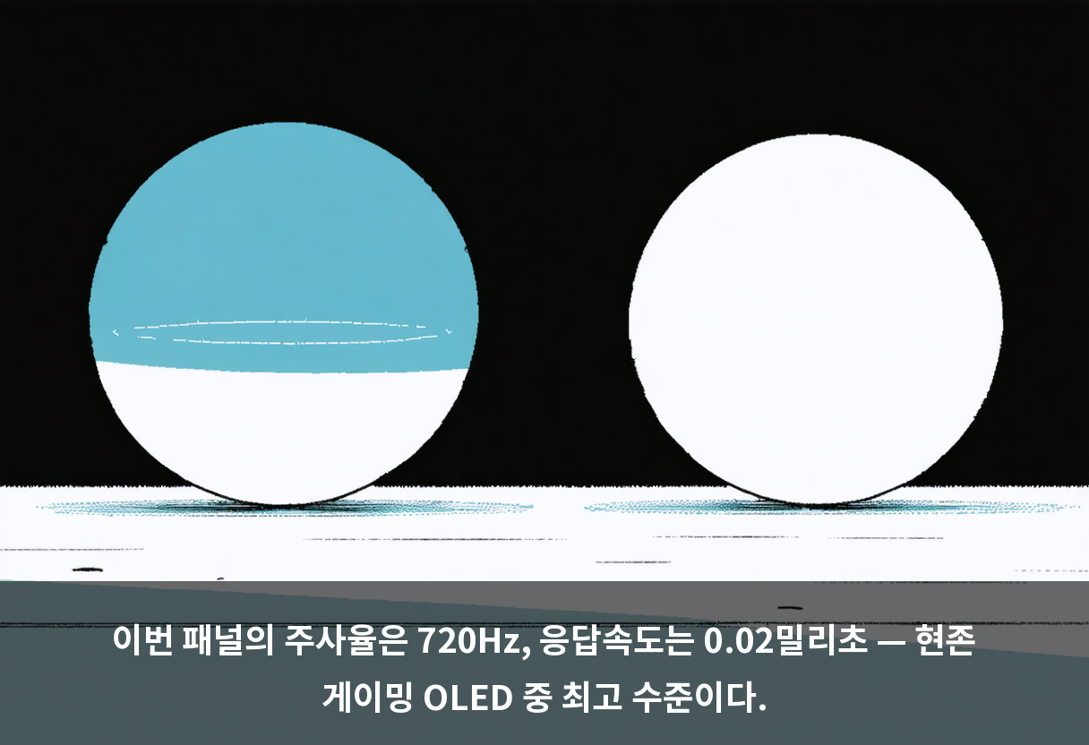 이번 패널의 주사율은 720Hz, 응답속도는 0.02밀리초 — 현존 게이밍 OLED 중 최고 수준이다.