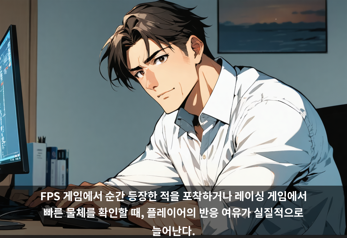 FPS 게임에서 순간 등장한 적을 포착하거나 레이싱 게임에서 빠른 물체를 확인할 때, 플레이어의 반응 여유가 실질적으로 늘어난다.