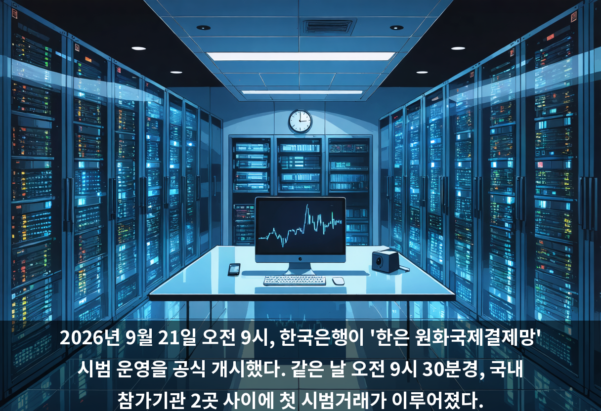 2026년 9월 21일 오전 9시, 한국은행이 '한은 원화국제결제망' 시범 운영을 공식 개시했다. 같은 날 오전 9시 30분경, 국내 참가기관 2곳 사이에 첫 시범거래가 이루어졌다.