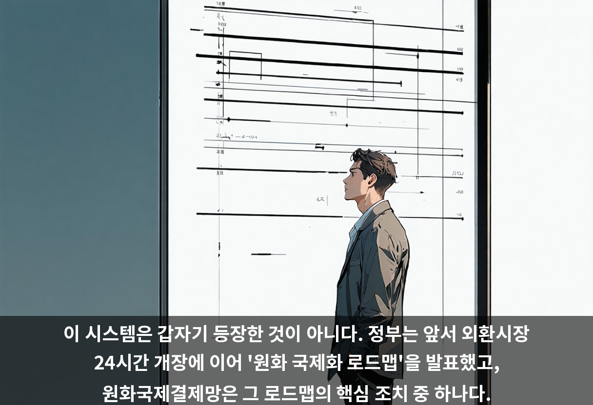이 시스템은 갑자기 등장한 것이 아니다. 정부는 앞서 외환시장 24시간 개장에 이어 '원화 국제화 로드맵'을 발표했고, 원화국제결제망은 그 로드맵의 핵심 조치 중 하나다.