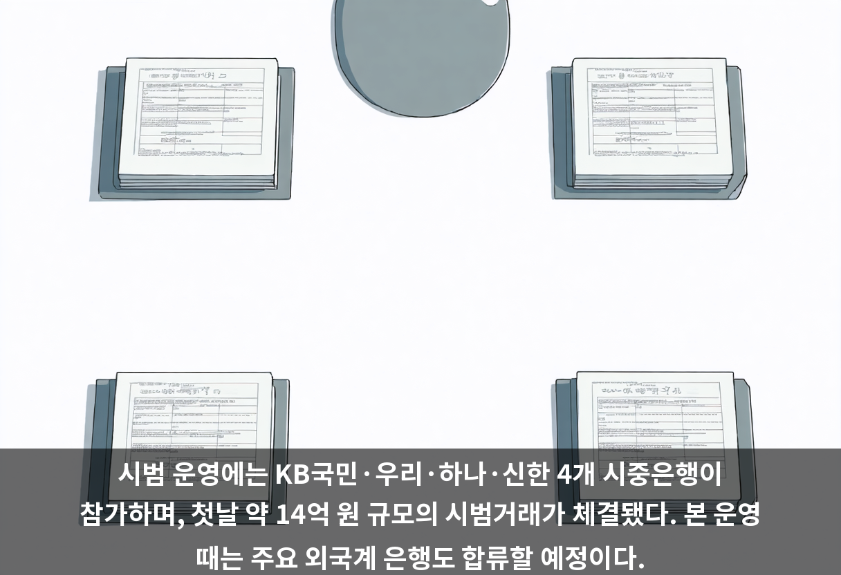 시범 운영에는 KB국민·우리·하나·신한 4개 시중은행이 참가하며, 첫날 약 14억 원 규모의 시범거래가 체결됐다. 본 운영 때는 주요 외국계 은행도 합류할 예정이다.
