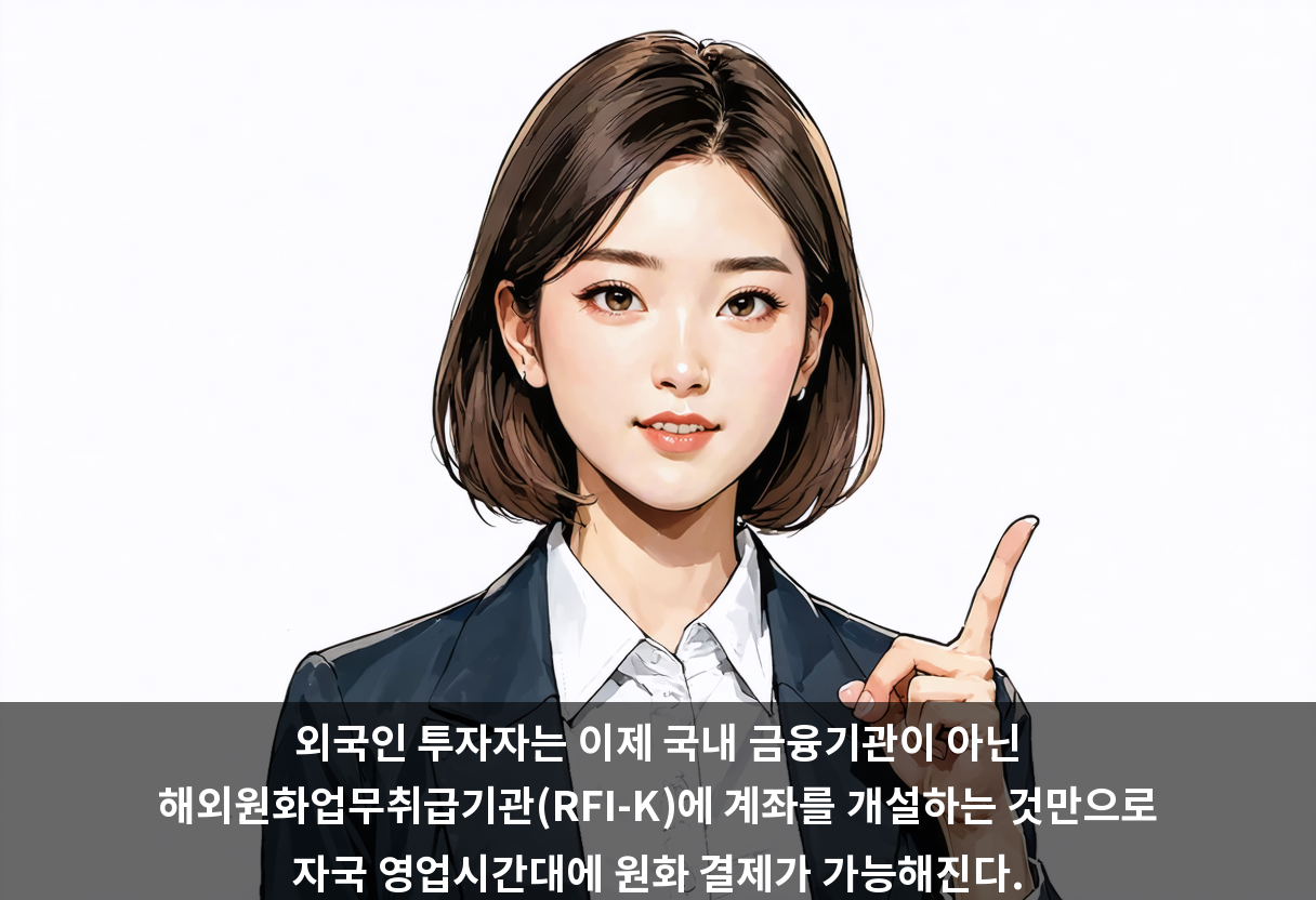 외국인 투자자는 이제 국내 금융기관이 아닌 해외원화업무취급기관(RFI-K)에 계좌를 개설하는 것만으로 자국 영업시간대에 원화 결제가 가능해진다.