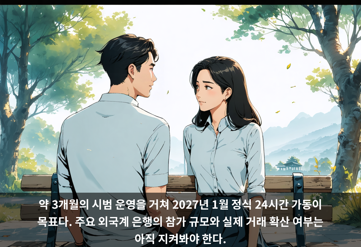 약 3개월의 시범 운영을 거쳐 2027년 1월 정식 24시간 가동이 목표다. 주요 외국계 은행의 참가 규모와 실제 거래 확산 여부는 아직 지켜봐야 한다.