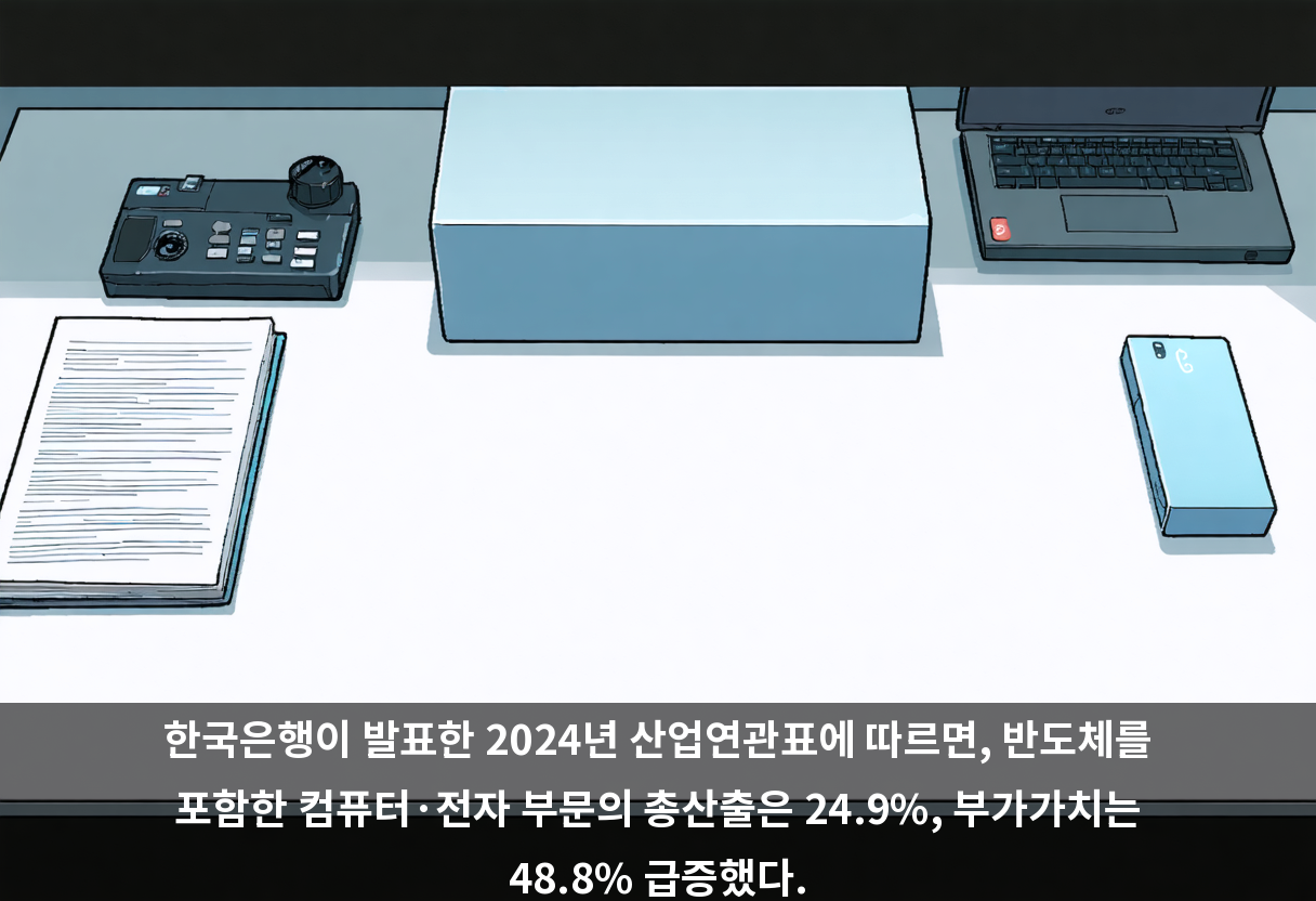 한국은행이 발표한 2024년 산업연관표에 따르면, 반도체를 포함한 컴퓨터·전자 부문의 총산출은 24.9%, 부가가치는 48.8% 급증했다.