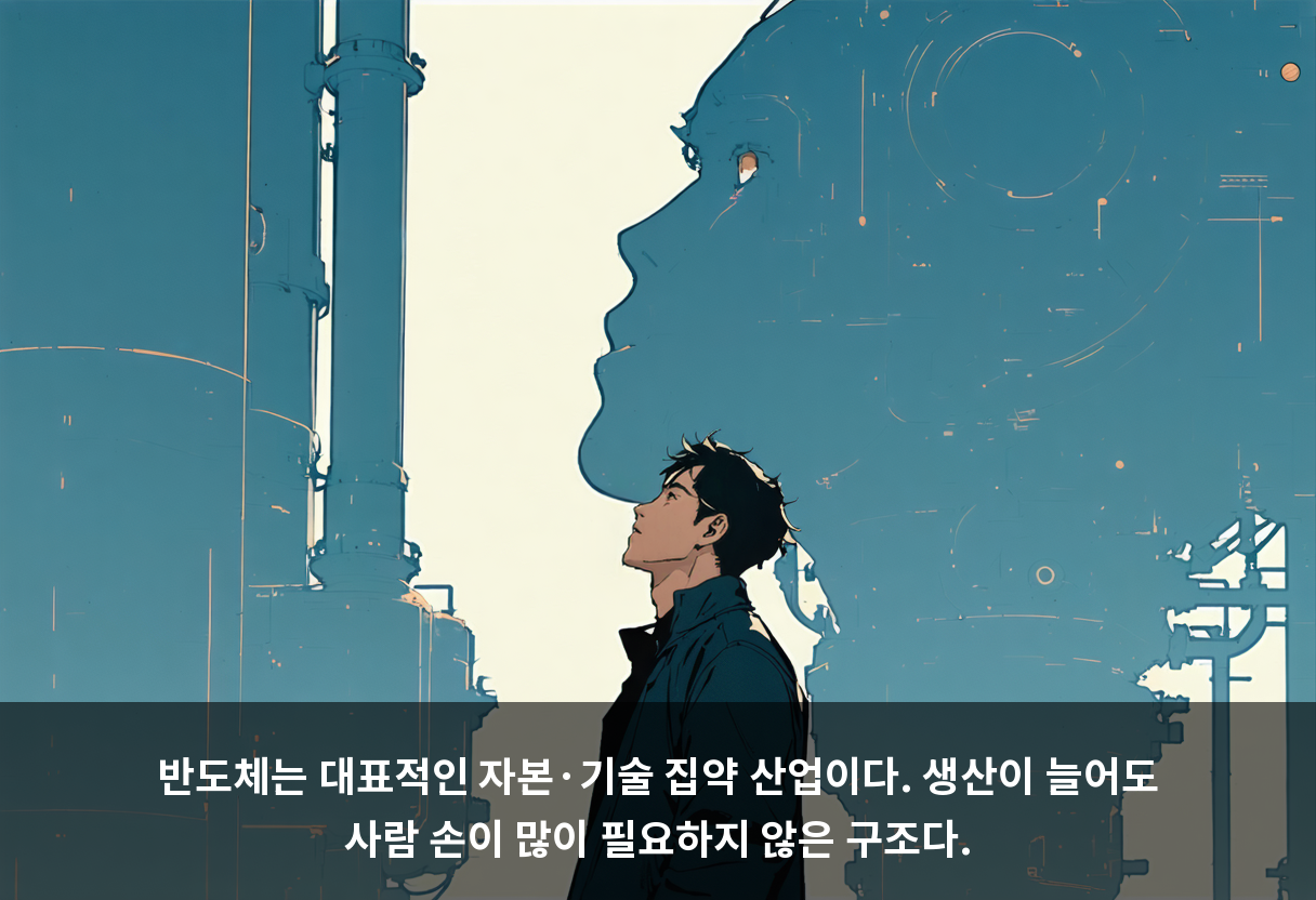 반도체는 대표적인 자본·기술 집약 산업이다. 생산이 늘어도 사람 손이 많이 필요하지 않은 구조다.