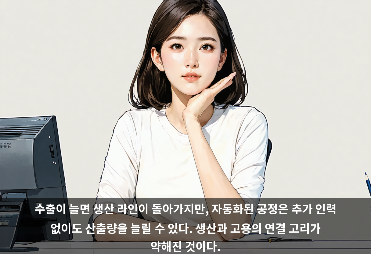 수출이 늘면 생산 라인이 돌아가지만, 자동화된 공정은 추가 인력 없이도 산출량을 늘릴 수 있다. 생산과 고용의 연결 고리가 약해진 것이다.