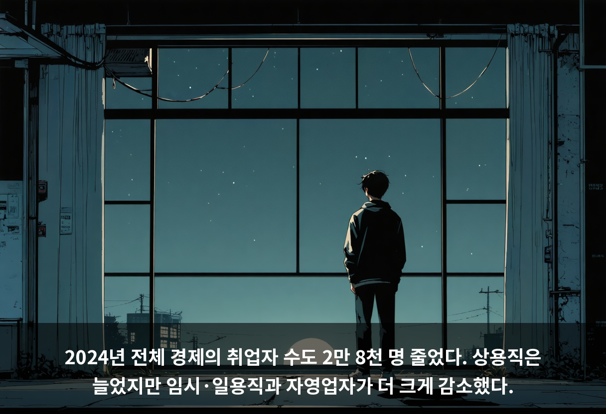 2024년 전체 경제의 취업자 수도 2만 8천 명 줄었다. 상용직은 늘었지만 임시·일용직과 자영업자가 더 크게 감소했다.