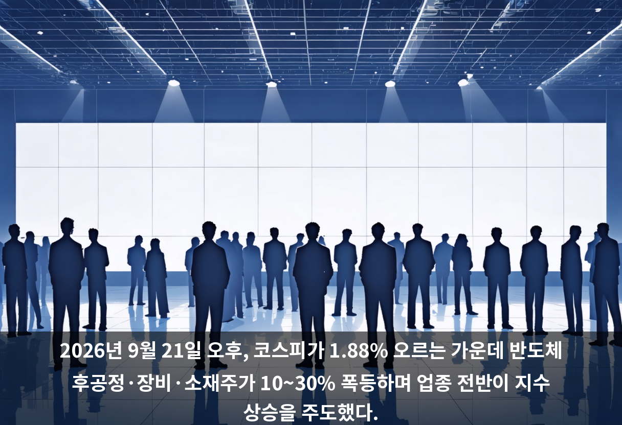 2026년 9월 21일 오후, 코스피가 1.88% 오르는 가운데 반도체 후공정·장비·소재주가 10~30% 폭등하며 업종 전반이 지수 상승을 주도했다.