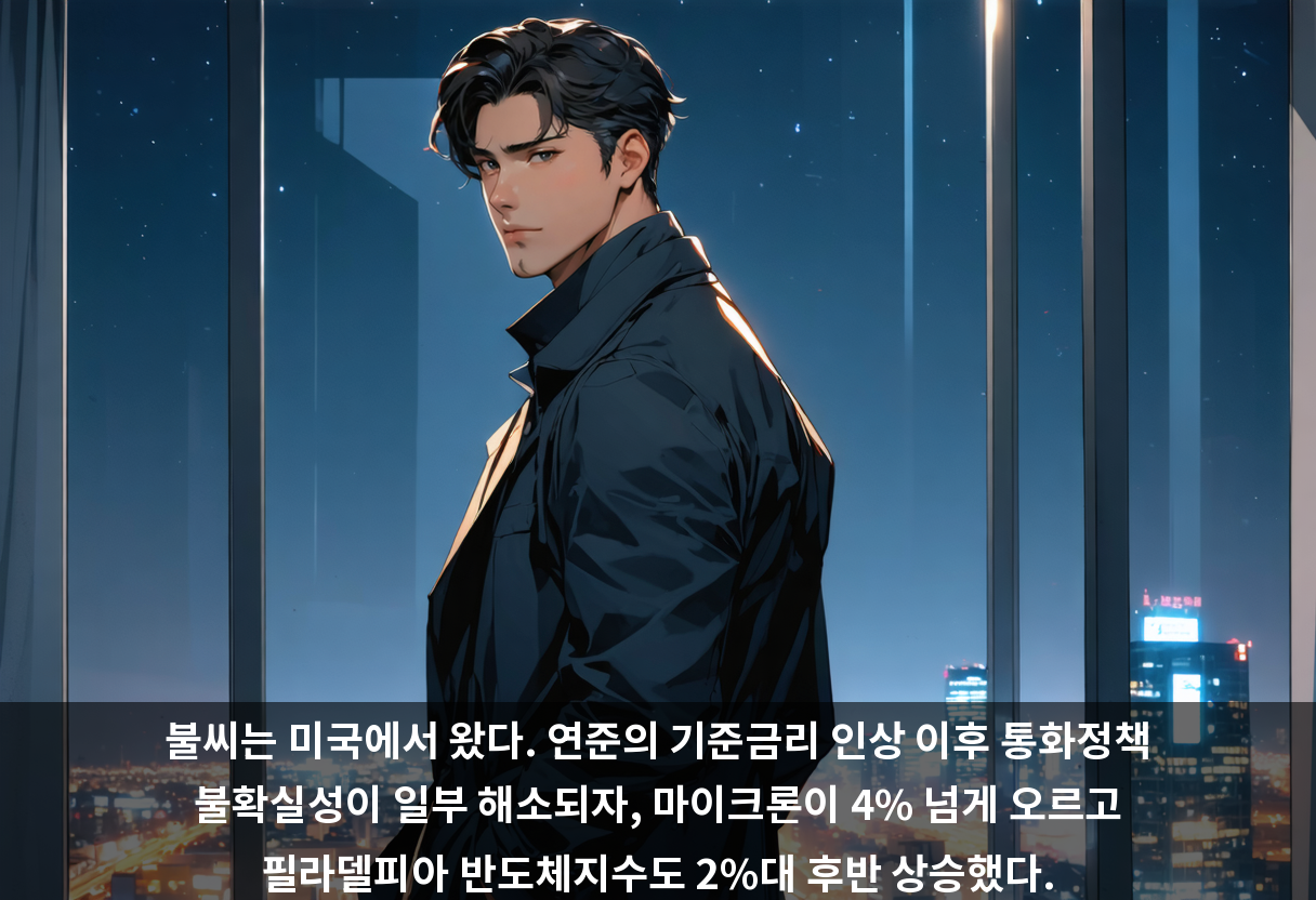 불씨는 미국에서 왔다. 연준의 기준금리 인상 이후 통화정책 불확실성이 일부 해소되자, 마이크론이 4% 넘게 오르고 필라델피아 반도체지수도 2%대 후반 상승했다.