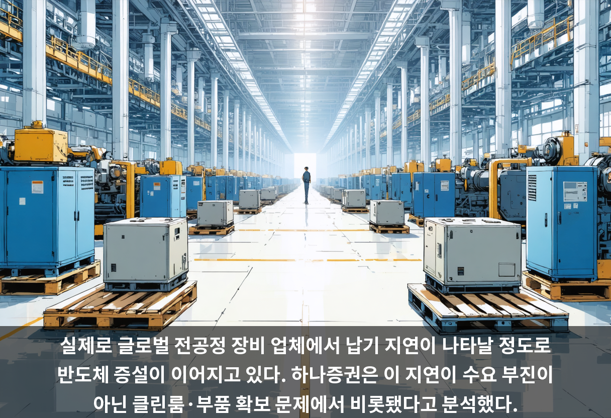 실제로 글로벌 전공정 장비 업체에서 납기 지연이 나타날 정도로 반도체 증설이 이어지고 있다. 하나증권은 이 지연이 수요 부진이 아닌 클린룸·부품 확보 문제에서 비롯됐다고 분석했다.