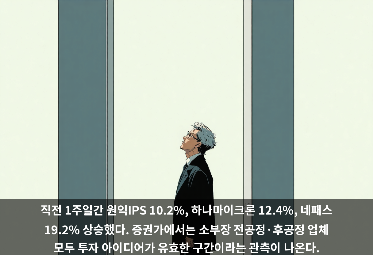 직전 1주일간 원익IPS 10.2%, 하나마이크론 12.4%, 네패스 19.2% 상승했다. 증권가에서는 소부장 전공정·후공정 업체 모두 투자 아이디어가 유효한 구간이라는 관측이 나온다.
