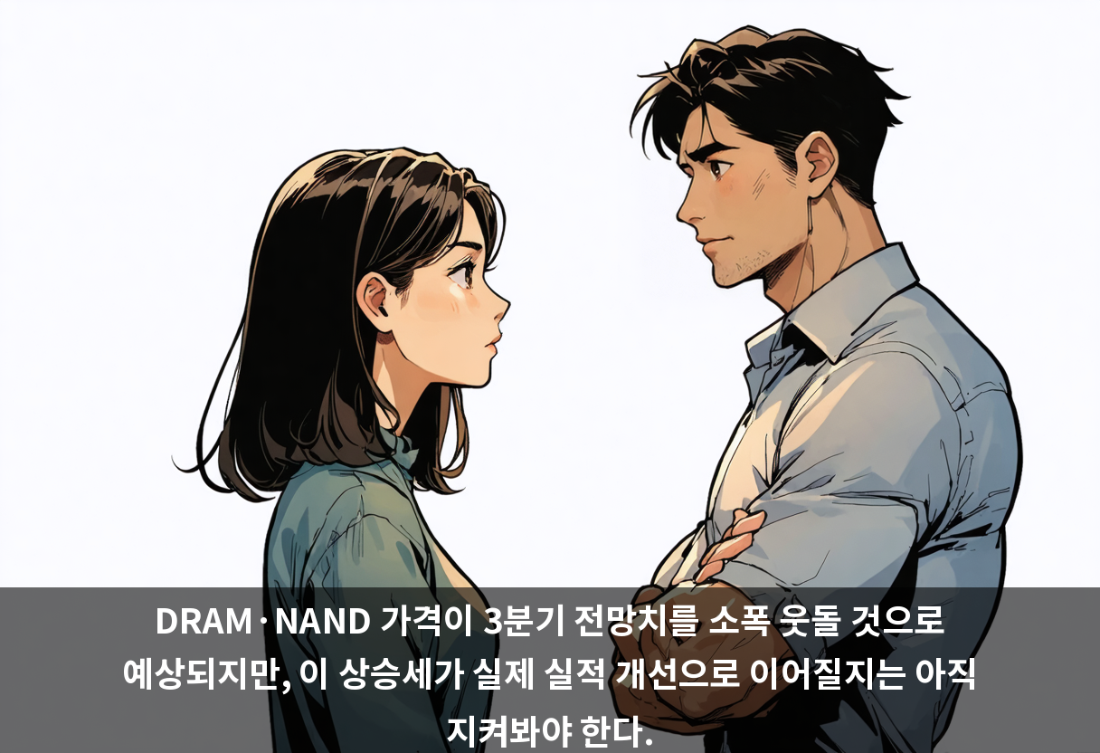 DRAM·NAND 가격이 3분기 전망치를 소폭 웃돌 것으로 예상되지만, 이 상승세가 실제 실적 개선으로 이어질지는 아직 지켜봐야 한다.