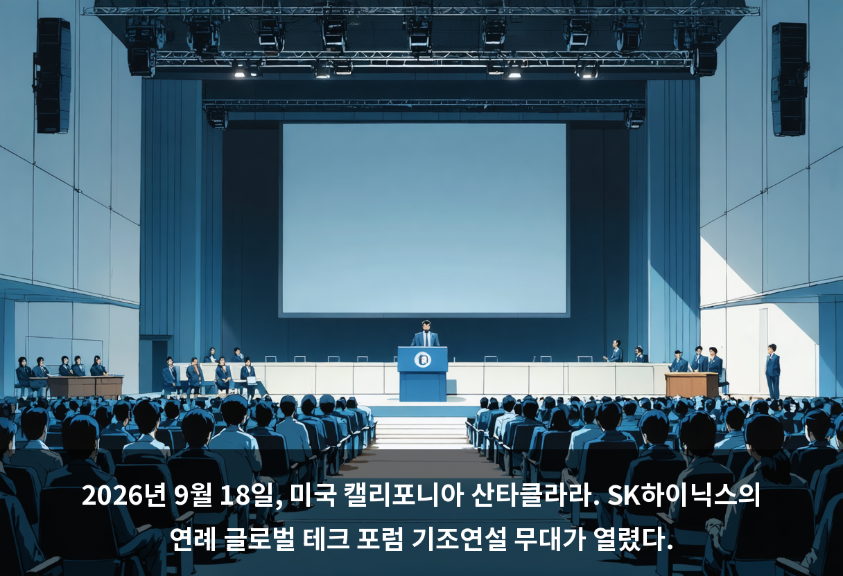 2026년 9월 18일, 미국 캘리포니아 산타클라라. SK하이닉스의 연례 글로벌 테크 포럼 기조연설 무대가 열렸다.