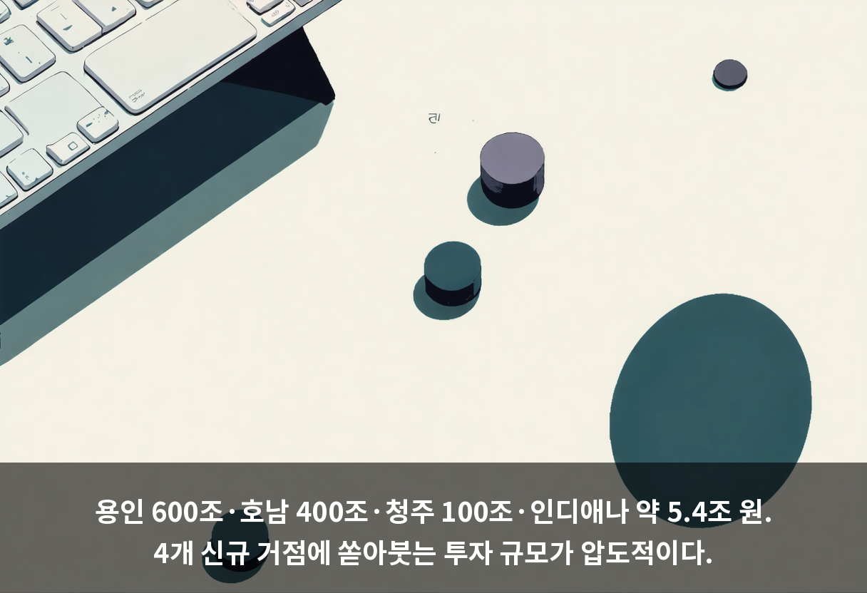 용인 600조·호남 400조·청주 100조·인디애나 약 5.4조 원. 4개 신규 거점에 쏟아붓는 투자 규모가 압도적이다.