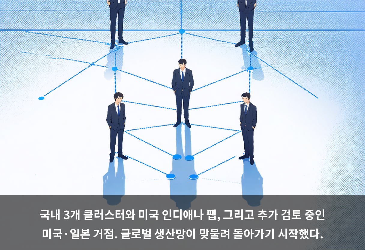 국내 3개 클러스터와 미국 인디애나 팹, 그리고 추가 검토 중인 미국·일본 거점. 글로벌 생산망이 맞물려 돌아가기 시작했다.