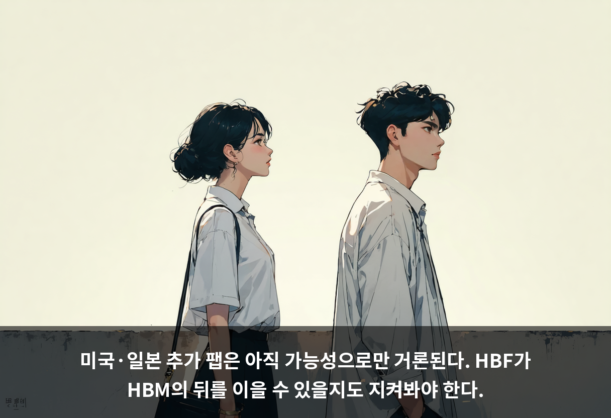 미국·일본 추가 팹은 아직 가능성으로만 거론된다. HBF가 HBM의 뒤를 이을 수 있을지도 지켜봐야 한다.
