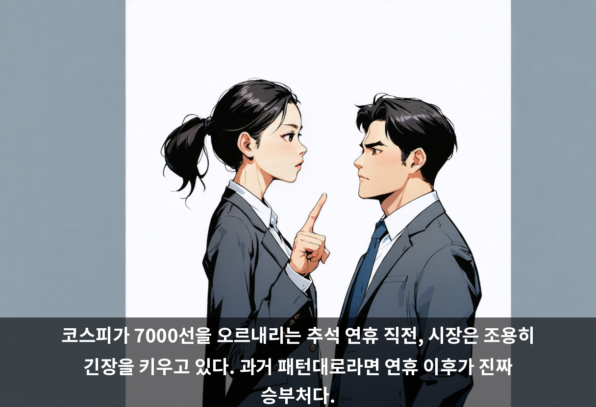 코스피가 7000선을 오르내리는 추석 연휴 직전, 시장은 조용히 긴장을 키우고 있다. 과거 패턴대로라면 연휴 이후가 진짜 승부처다.
