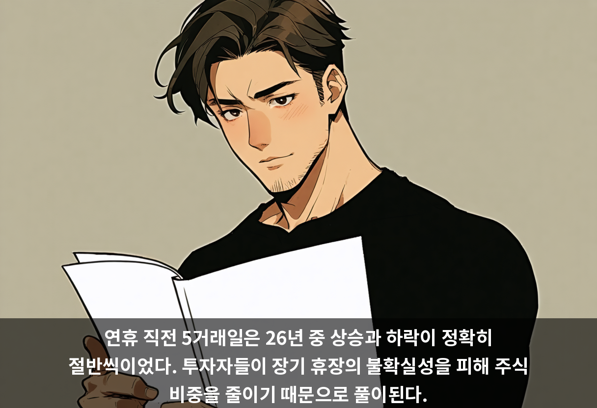 연휴 직전 5거래일은 26년 중 상승과 하락이 정확히 절반씩이었다. 투자자들이 장기 휴장의 불확실성을 피해 주식 비중을 줄이기 때문으로 풀이된다.