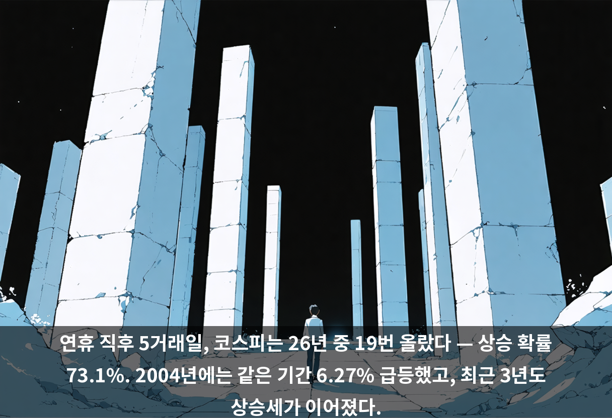 연휴 직후 5거래일, 코스피는 26년 중 19번 올랐다 — 상승 확률 73.1%. 2004년에는 같은 기간 6.27% 급등했고, 최근 3년도 상승세가 이어졌다.
