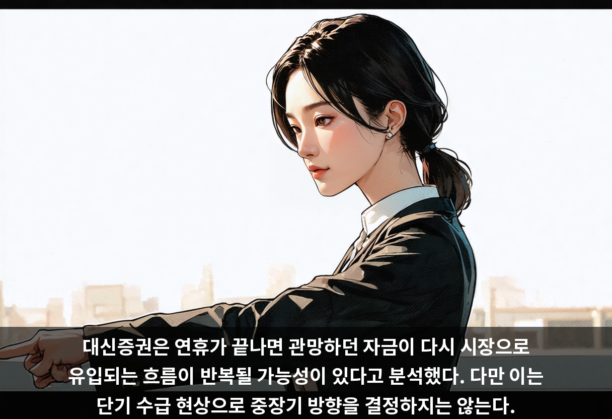 대신증권은 연휴가 끝나면 관망하던 자금이 다시 시장으로 유입되는 흐름이 반복될 가능성이 있다고 분석했다. 다만 이는 단기 수급 현상으로 중장기 방향을 결정하지는 않는다.