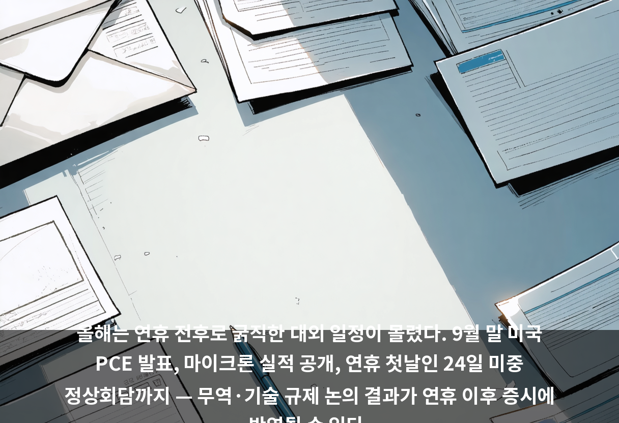 올해는 연휴 전후로 굵직한 대외 일정이 몰렸다. 9월 말 미국 PCE 발표, 마이크론 실적 공개, 연휴 첫날인 24일 미중 정상회담까지 — 무역·기술 규제 논의 결과가 연휴 이후 증시에 반영될 수 있다.