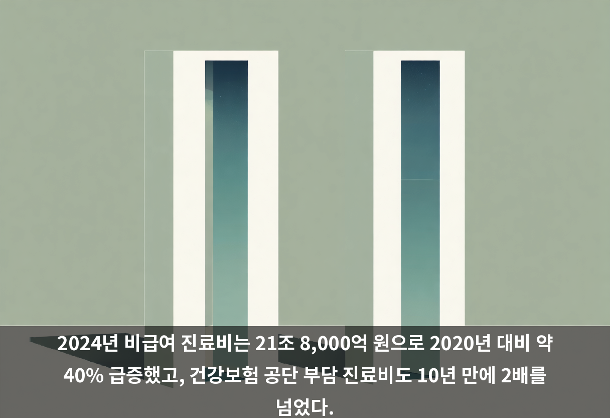 2024년 비급여 진료비는 21조 8,000억 원으로 2020년 대비 약 40% 급증했고, 건강보험 공단 부담 진료비도 10년 만에 2배를 넘었다.