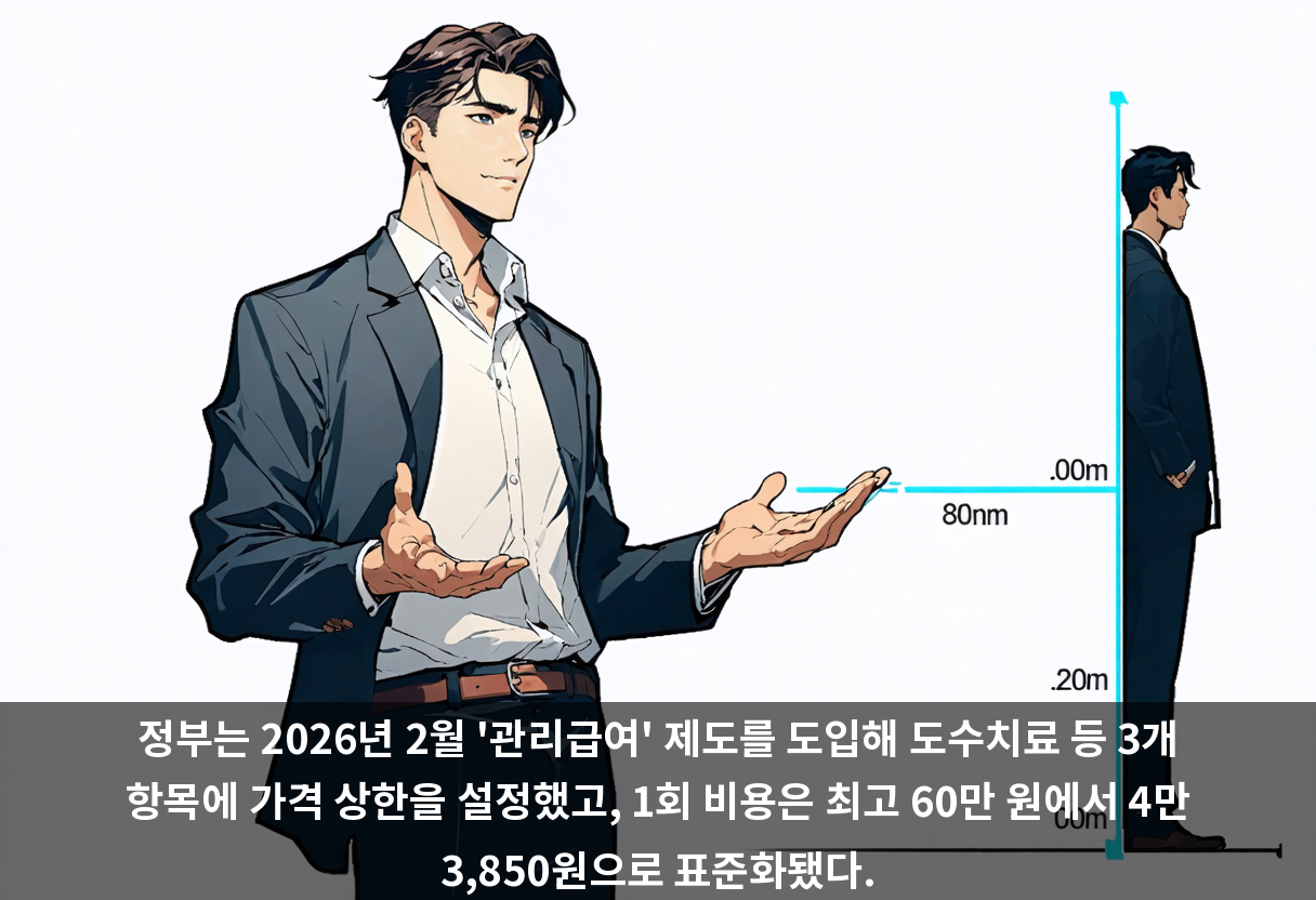 정부는 2026년 2월 '관리급여' 제도를 도입해 도수치료 등 3개 항목에 가격 상한을 설정했고, 1회 비용은 최고 60만 원에서 4만 3,850원으로 표준화됐다.