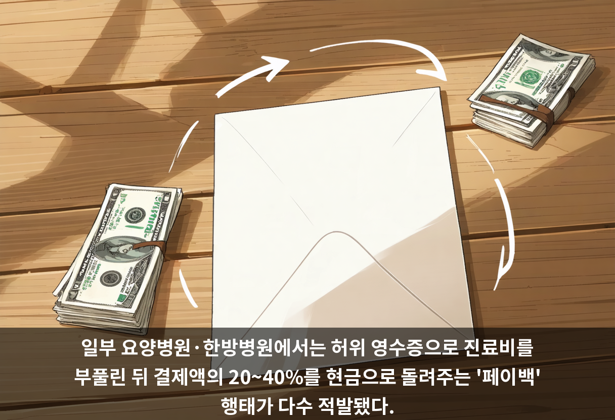 일부 요양병원·한방병원에서는 허위 영수증으로 진료비를 부풀린 뒤 결제액의 20~40%를 현금으로 돌려주는 '페이백' 행태가 다수 적발됐다.