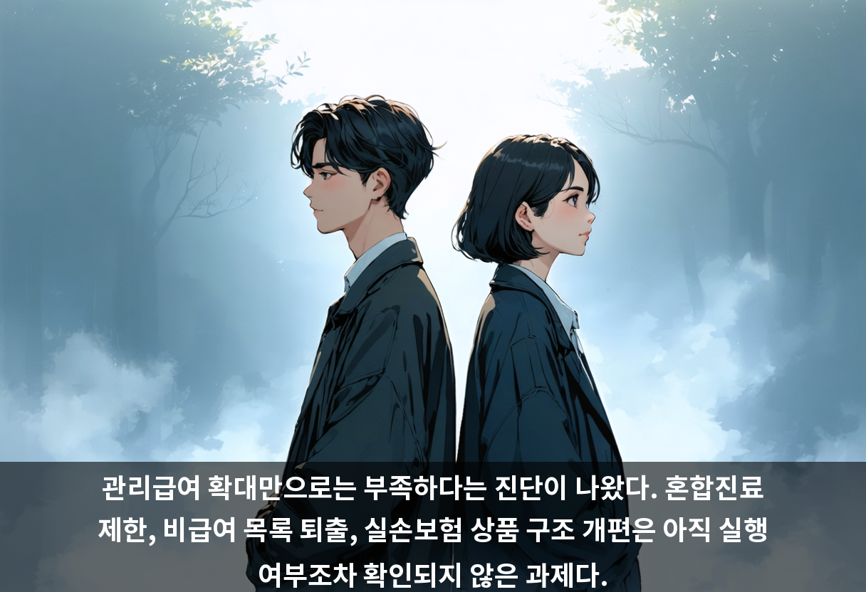 관리급여 확대만으로는 부족하다는 진단이 나왔다. 혼합진료 제한, 비급여 목록 퇴출, 실손보험 상품 구조 개편은 아직 실행 여부조차 확인되지 않은 과제다.