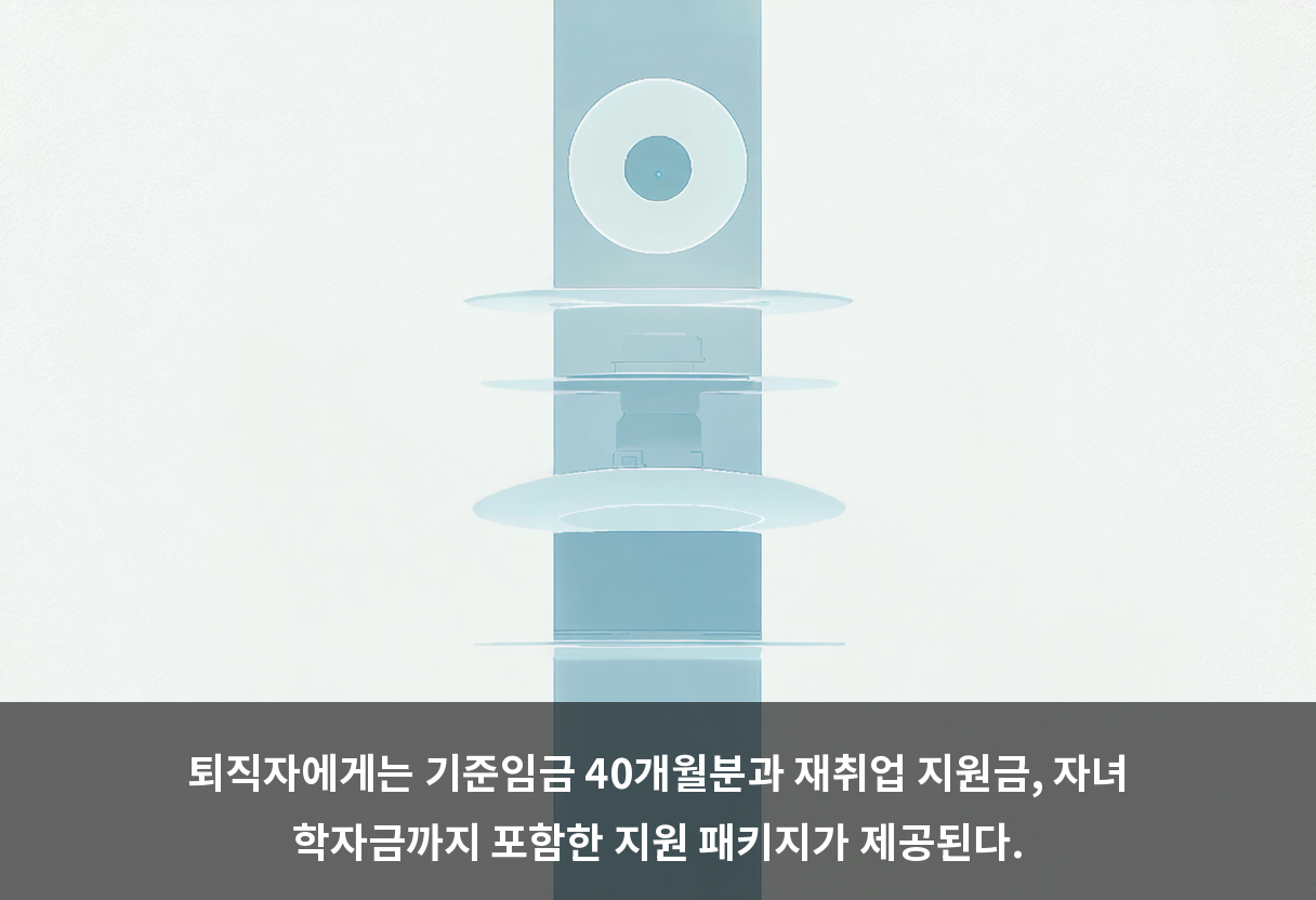 퇴직자에게는 기준임금 40개월분과 재취업 지원금, 자녀 학자금까지 포함한 지원 패키지가 제공된다.