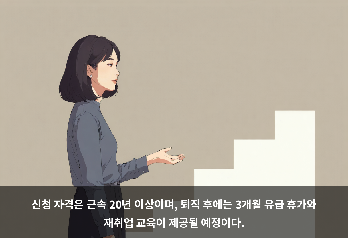 신청 자격은 근속 20년 이상이며, 퇴직 후에는 3개월 유급 휴가와 재취업 교육이 제공될 예정이다.