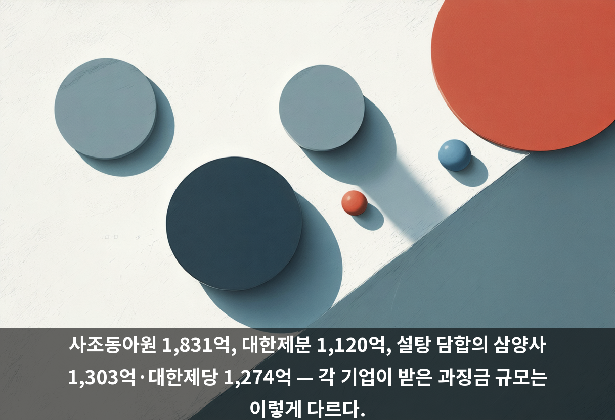 사조동아원 1,831억, 대한제분 1,120억, 설탕 담합의 삼양사 1,303억·대한제당 1,274억 — 각 기업이 받은 과징금 규모는 이렇게 다르다.