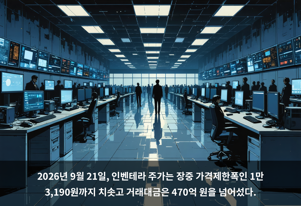 2026년 9월 21일, 인벤테라 주가는 장중 가격제한폭인 1만 3,190원까지 치솟고 거래대금은 470억 원을 넘어섰다.