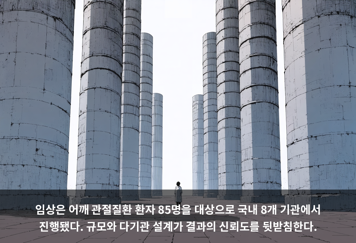 임상은 어깨 관절질환 환자 85명을 대상으로 국내 8개 기관에서 진행됐다. 규모와 다기관 설계가 결과의 신뢰도를 뒷받침한다.