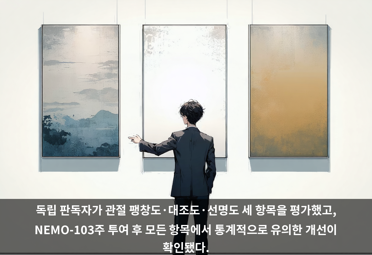 독립 판독자가 관절 팽창도·대조도·선명도 세 항목을 평가했고, NEMO-103주 투여 후 모든 항목에서 통계적으로 유의한 개선이 확인됐다.