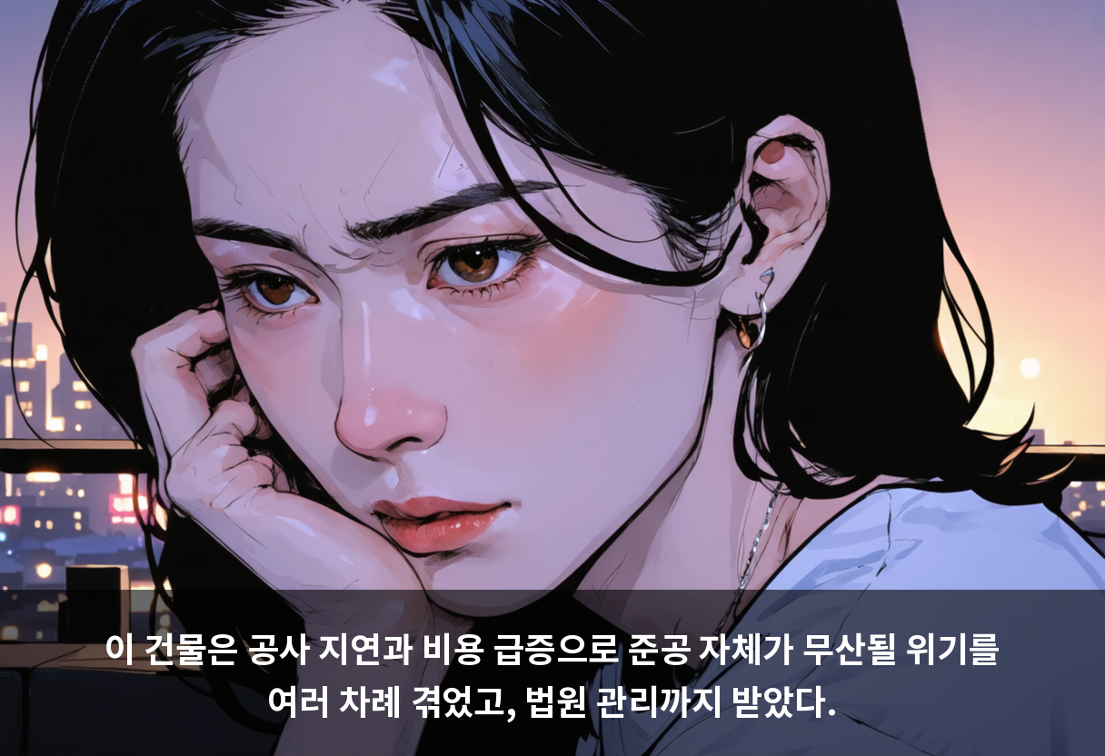 이 건물은 공사 지연과 비용 급증으로 준공 자체가 무산될 위기를 여러 차례 겪었고, 법원 관리까지 받았다.