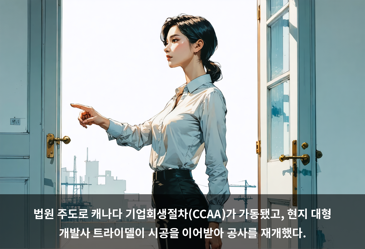 법원 주도로 캐나다 기업회생절차(CCAA)가 가동됐고, 현지 대형 개발사 트라이델이 시공을 이어받아 공사를 재개했다.