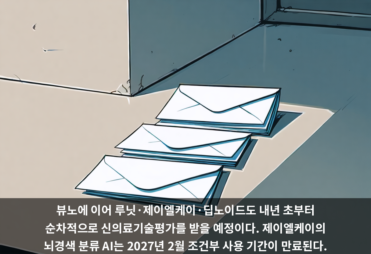 뷰노에 이어 루닛·제이엘케이·딥노이드도 내년 초부터 순차적으로 신의료기술평가를 받을 예정이다. 제이엘케이의 뇌경색 분류 AI는 2027년 2월 조건부 사용 기간이 만료된다.