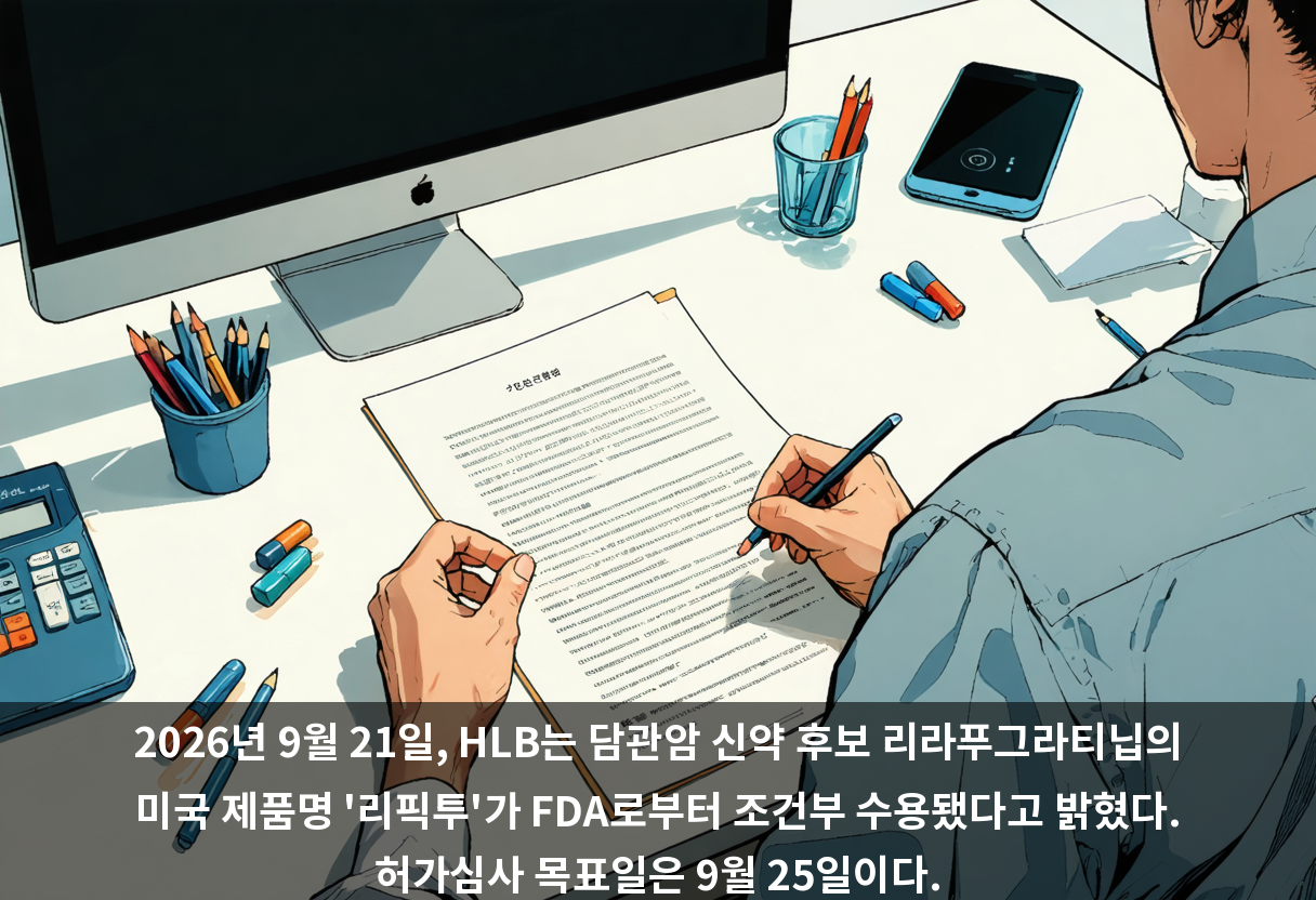 2026년 9월 21일, HLB는 담관암 신약 후보 리라푸그라티닙의 미국 제품명 '리픽투'가 FDA로부터 조건부 수용됐다고 밝혔다. 허가심사 목표일은 9월 25일이다.