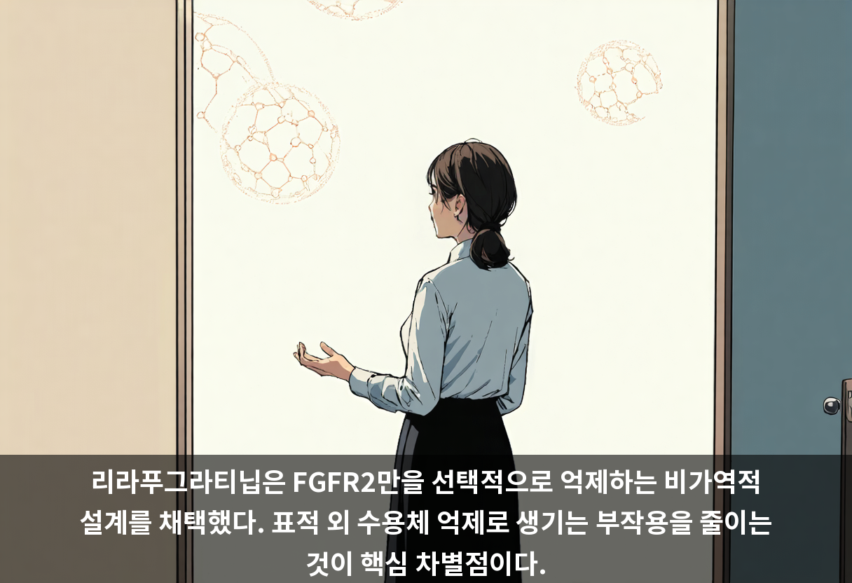 리라푸그라티닙은 FGFR2만을 선택적으로 억제하는 비가역적 설계를 채택했다. 표적 외 수용체 억제로 생기는 부작용을 줄이는 것이 핵심 차별점이다.